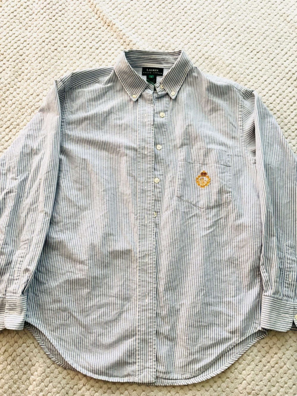 Ralph Lauren White and Blue Striped Button-Down Shirt with Embroidered Crest